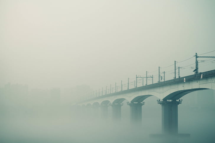 fog, bridge, foggy, railway, landscape, sky, water