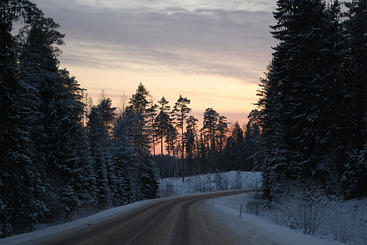 way, road, winter, snow, season, nature, sunset