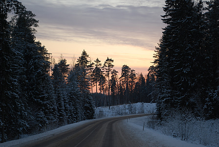 шлях, дорога, взимку, сніг, сезон, Природа, Захід сонця