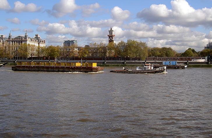 Themsen, bogserbåt, pråm, Sky, moln, Thames, floden