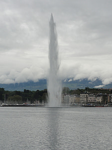 Genf, város, vízsugár, szökőkút, tó, Svájc, víz