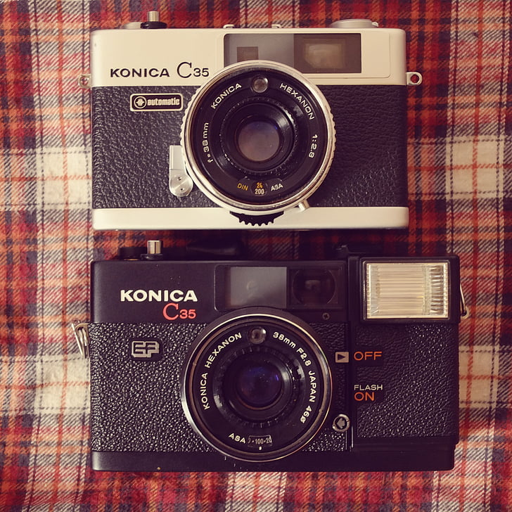 câmera, analógico, hipster, flanela, vintage, retrô, Konica