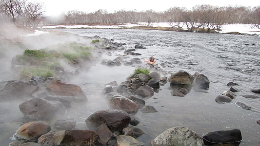 hot springs, fiume, inverno, coppie, Torna in pista, neve, paesaggio