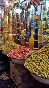 Marrakech, turu, oliivid, puu, toidu ja joogiga, toidu, muudatuse