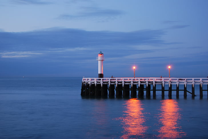 sea, lighthouse, water, nieuwpoort, pier, romantic, lantern