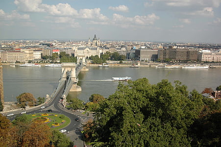 Kedjebron, Budapest, Ungern, Bridge, Donau, floden, stadsbild
