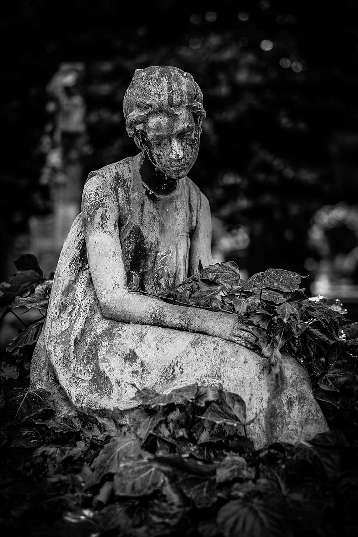 preto e branco, cemitério, menina, estátua, assustador, horror, túmulo