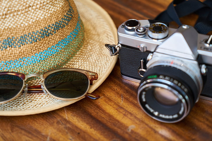 vieux, appareil photo, objectif, chapeau, vacances, lunettes de soleil, divertissement