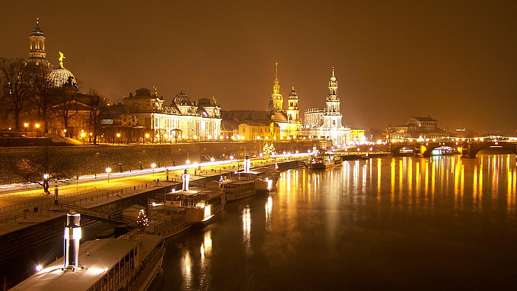 dresden, old town, elbe, river, night, city, city lights