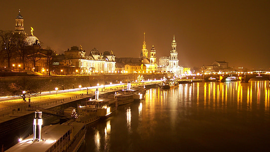 Dresda, centro storico, Elbe, fiume, notte, città, luci della città