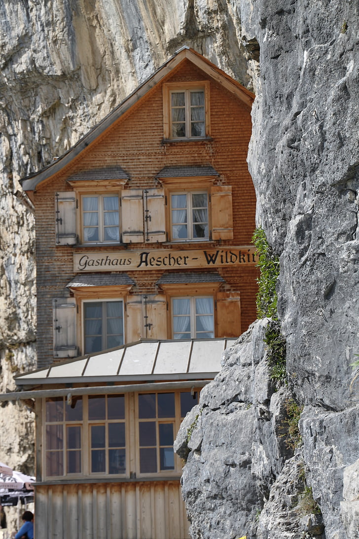 äscher cliff étteremben, étterem, ebenalp, Appenzell, Svájc, hegyek, hegyi kunyhó