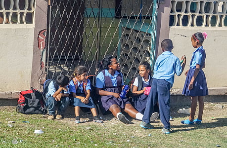 Belize, escolars, persona de persones, uniformes, grup, Carib, nen