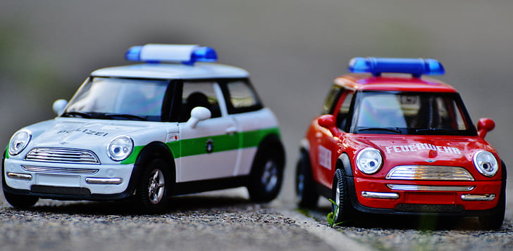 brann, politiet, Mini cooper, automatisk, modell bil, rød, blått lys