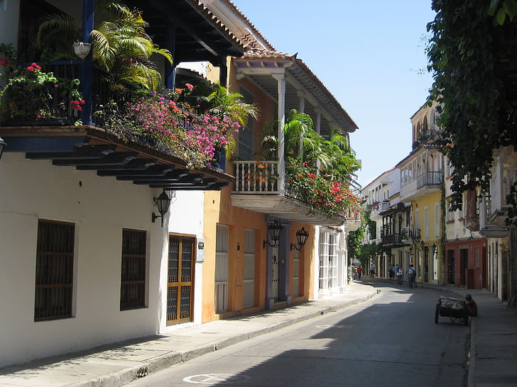 Cartagena, Colombia, gamle, skygge, Street, balkonger, solfylte