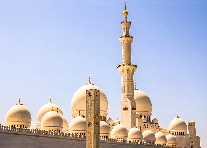 dubai, mosque, blue, gold, blue sky, day, architecture