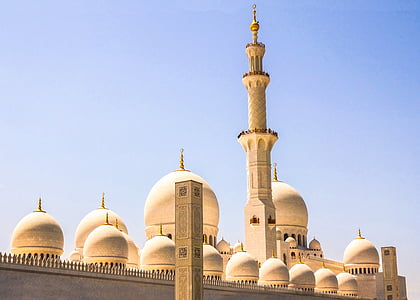 Dubai, moskee, blauw, goud, blauwe hemel, dag, het platform