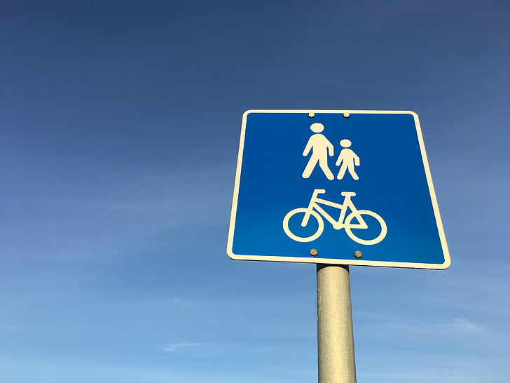 pejalan kaki, pengendara sepeda motor, jalan, tanda-tanda, tanda, biru, tanda jalan