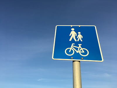 pedestrian, motorcyclist, walkway, signs, sign, blue, road Sign