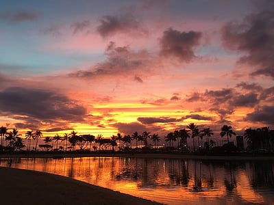 Hawaii, naplemente, felhő, Beach, nyaralás, utazás, trópusi