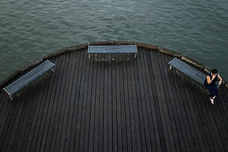 Deck, Wasser, Sitze, Pier, Hafen, dunkles Licht, einsam