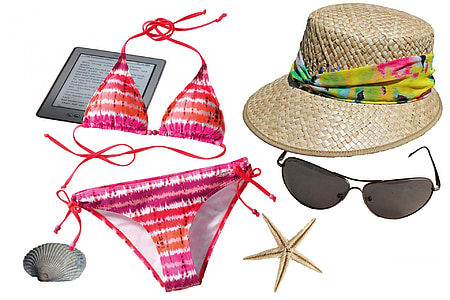 το καλοκαίρι, μπικίνι, καπέλο, καπέλο ήλιο, ψάθινο καπέλο, αποχρώσεις, γυαλιά