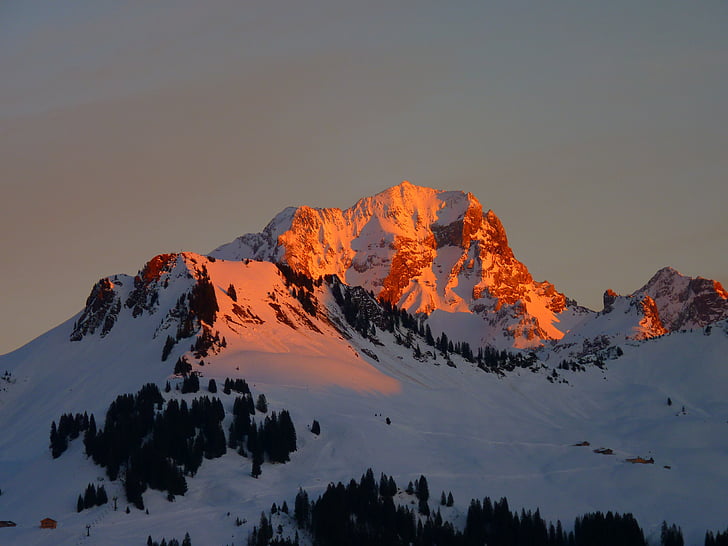 alpenglühen, red, alpine, mountains, winter, snow, nature