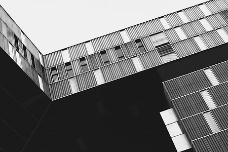 Architektura, černobílé, budova, ocelová konstrukce, systém Windows, moderní, postavený struktura