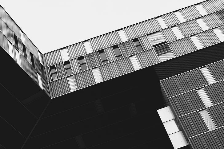 low, angle, photo, building, grayscale, office complex, office buildings
