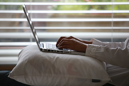 computer, hands, laptop, pillow, window