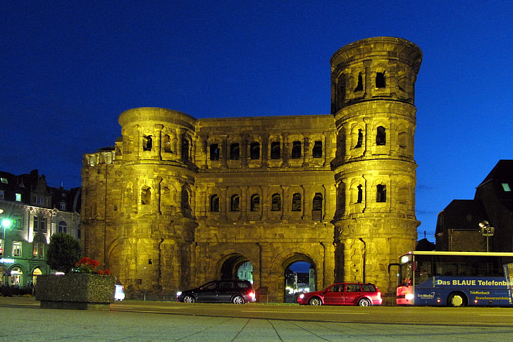 Tryras, abendstimmung, Kirchplatz, naktį, Porta nigra, pastatas, Architektūra