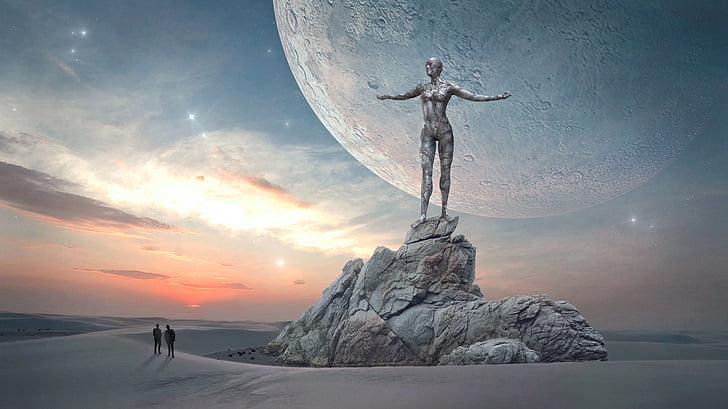 fantasy, landscape, sky, moon, planet, figure, statue