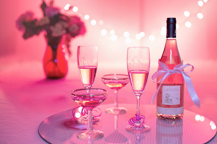 rozā vīns, šampanieša, svinības, rozā, Valentīna diena, kāzas, persona