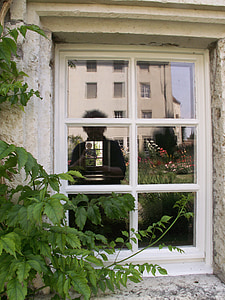 ventana, espejado, confusión, jardín del monasterio