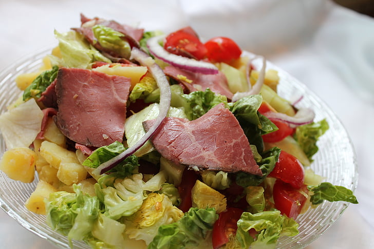steak, salad, healthy