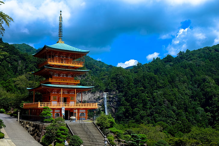 chmury, Japonia, Japoński, Natura, pomarańczowy, Świątynia, drzewa