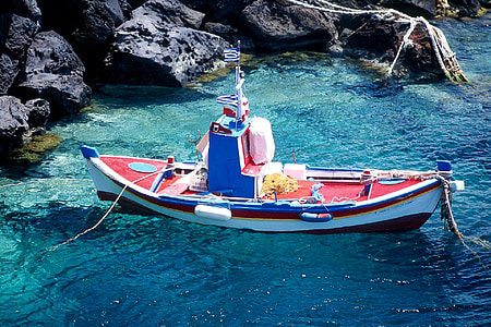 Santorin, bateau, île, mer, océan, méditerranéenne, Grèce