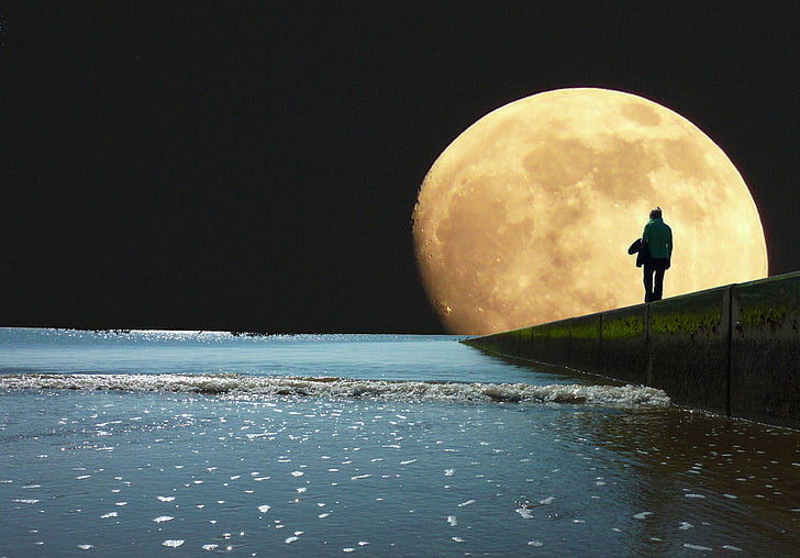 jūra, mėnulis, vakare, naktį, dangus, vandens, ežeras