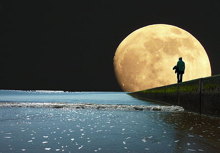 海, 月, 今晩, 夜, 空, 水, 湖