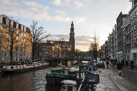 Amsterdam, saluran, Sungai, Belanda, Eropa, matahari terbenam, Gereja