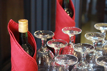 anggur, gelas anggur, Meja, alat peraga, botol, alkohol, merah
