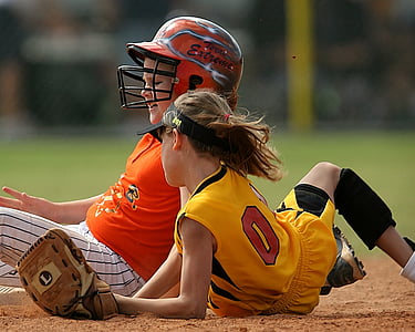 softball, players, action, female, second base, sliding, dirt