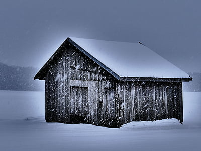 Hut, skala, trä, timmerstuga, snö, vinter, hus