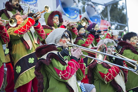 muziek, Carnaval, instrumenten, trombone, vrouw, kleurrijke, gesmolten