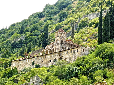 templom, hegyoldal, Görögország, kolostor, Mystra, római, klasszikus