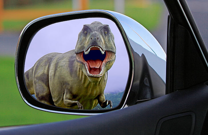 Dinosaur, spiegel, vleugel spiegel, achter, Chase, gevaar, verrassing