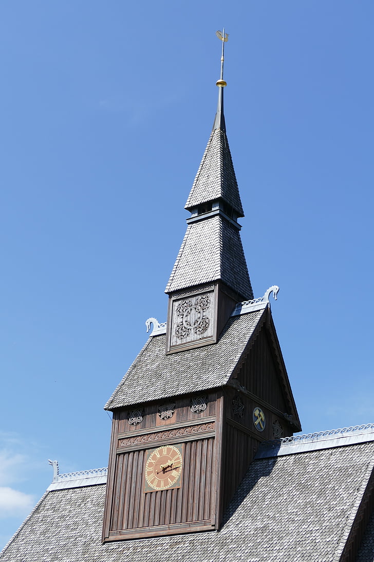 Stave church, menara lonceng, menara jam, atap, Goslar hahnenklee, lama, pelestarian bersejarah