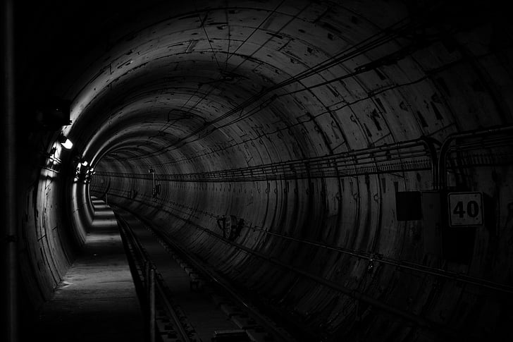 grayscale, photo, tunnel, dark tunnel, darkness, the way forward, no people