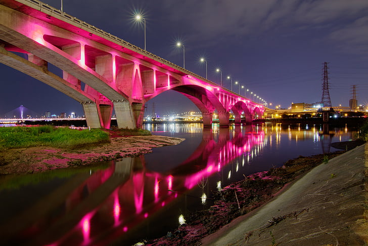 tiltas, upės, naktį, tiltas - vyras padarė struktūra, šviečiantys, atspindys, ryšio