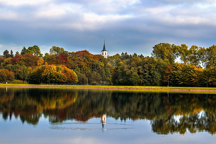 park, lake, water, autumn, church, steeple, trees