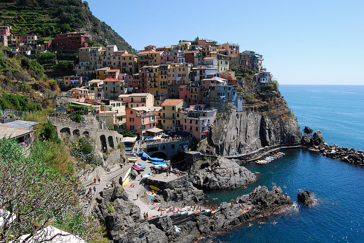 Cinque terre, Manarola, Családi házak, tenger, hegyi, Liguria, színek